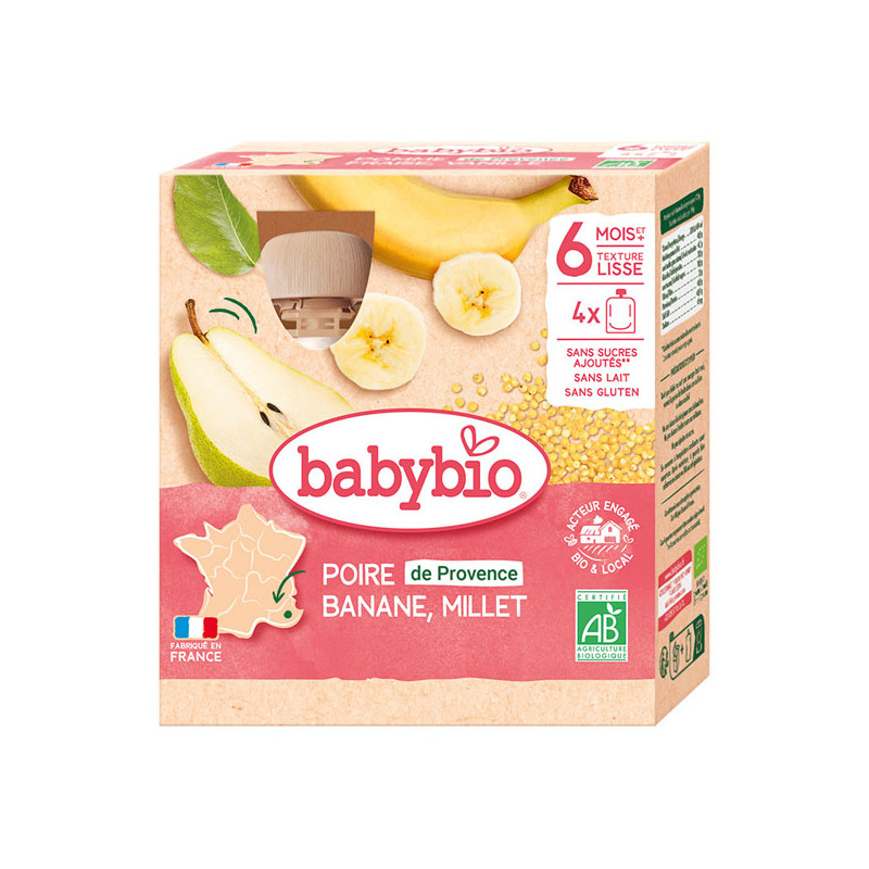 Babybio Poire Banane Millet 6 Mois et + bio 4 gourdes de 90gr Babybio Poire Banane Millet 6 Mois et + bio 4 gourdes de 90gr