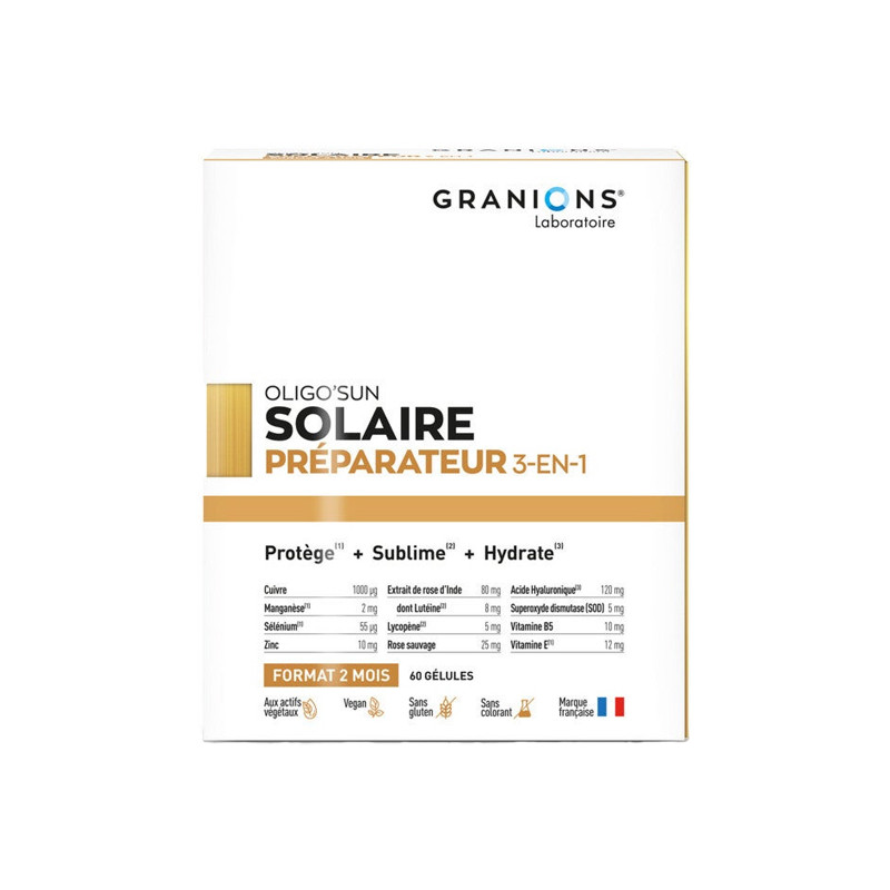 Granions Oligo'Sun Préparateur solaire 3 en 1 - 2 mois 60 gélules Granions Oligo'Sun Préparateur solaire 3 en 1 - 2 mois 60 gélules