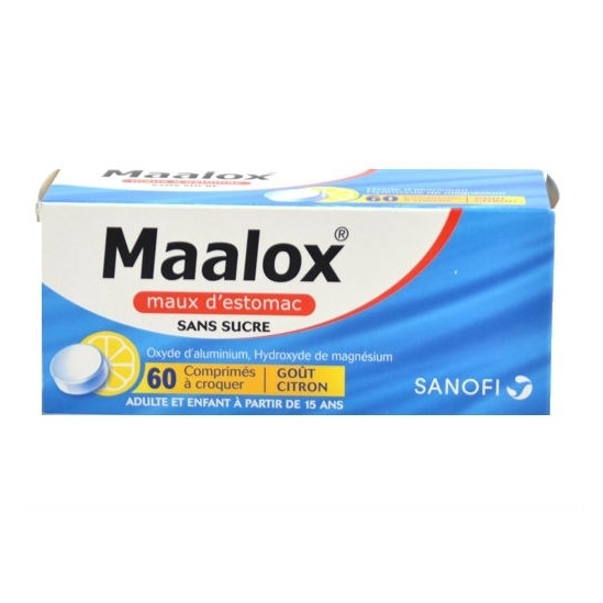 Maalox Maux D'estomac Sans Sucre 60 Comprimés Goût Citron