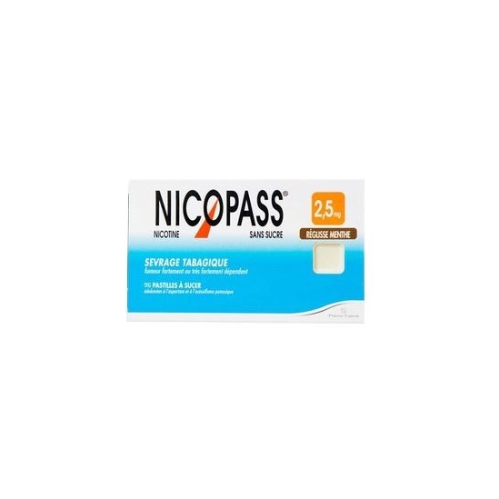 Nicopass sans sucre réglisse menthe 2.5 mg 96 pastilles