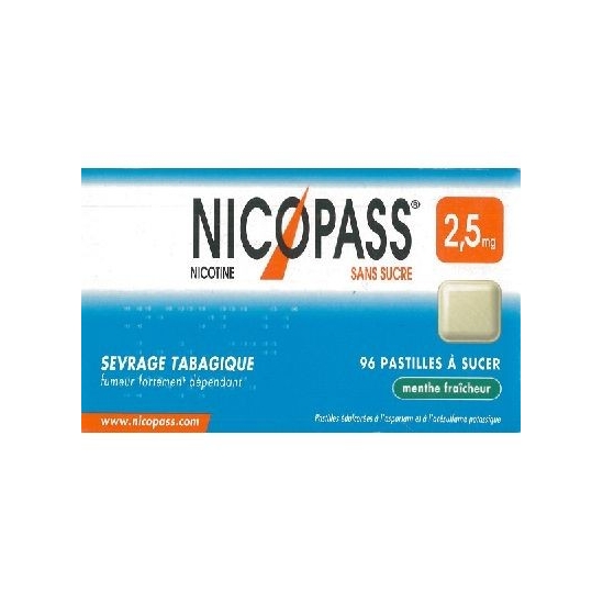 Nicopass menthe fraicheur 2.5mg sans sucre 96 pastilles