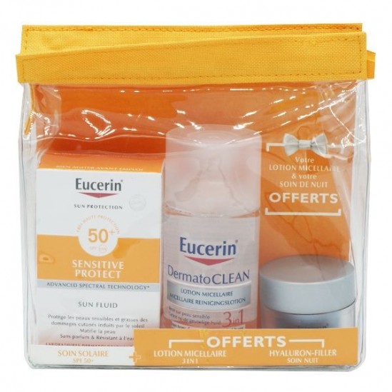 Eucerin sun trousse sun fluid peaux sensibles SPF50 50ml + lotion micellaire et hyaluron-filler OFFERTS