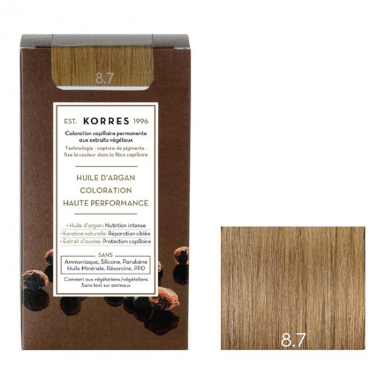 Korres kit coloration permanente huile d'argan blond clair marron 8.7 Korres kit coloration permanente huile d'argan blond clair marron 8.7