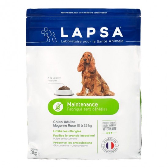 Lapsa adulte maintenance moyenne race sans céréales à la volaille fraiche 3kg Lapsa adulte maintenance moyenne race sans céréales à la volaille fraiche 3kg