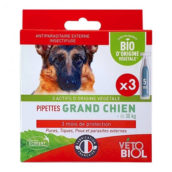 Vétobiol Pipettes antiparasitaires grand chien bio +30kg Vétobiol Pipettes antiparasitaires grand chien bio +30kg