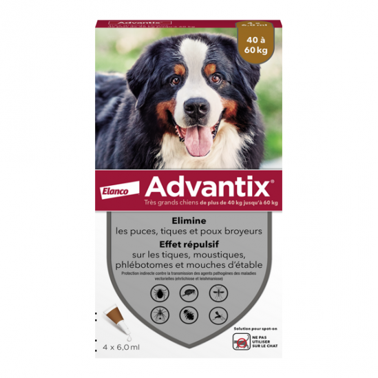 Advantix très grands chiens 40kg à 60kg 4 pipettes Advantix très grands chiens 40kg à 60kg 4 pipettes