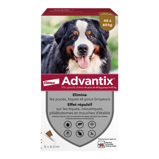 Advantix très grands chiens 40kg à 60kg 4 pipettes Advantix très grands chiens 40kg à 60kg 4 pipettes